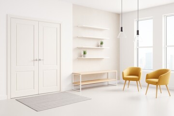 Aufkleber - Bright modern interior with yellow chairs, wall shelves, and large windows in minimalist room with soft lighting and contemporary decor.