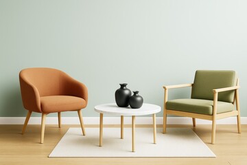 Poster - Modern minimalist interior with green and orange chairs, round white table and vases on soft rug in light contemporary room with wooden floor.