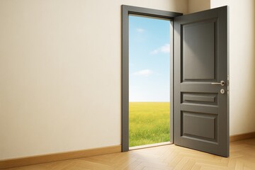 Poster - Modern interior with open wooden door leading to bright field under blue sky, symbolizing transition and opportunity. Ai generative.