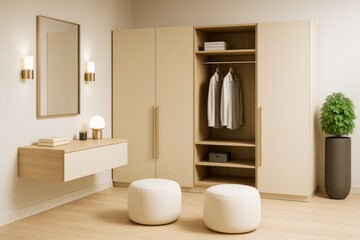 Aufkleber - Minimalist beige dressing room interior with built-in wardrobe, mirror, poufs, and potted plant in warm modern decor style setting.