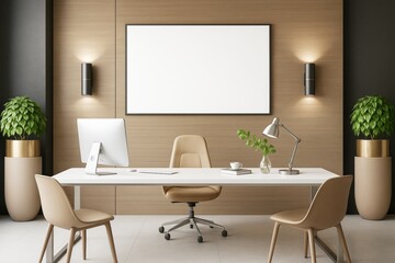 Poster - Modern office room with minimalist furniture, wooden wall, blank frame, and soft lighting for branding or mockup presentation concept..