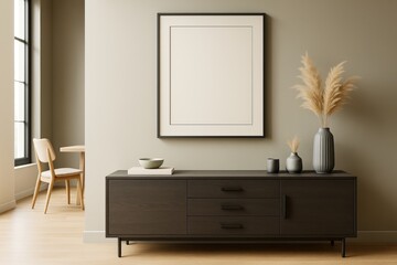 Poster - Modern minimalist interior with dark wood sideboard, pampas grass vases, and blank frame on beige wall in sunlit room with Scandinavian decor.