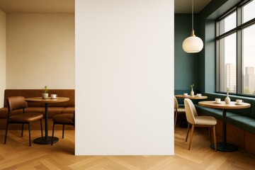 Aufkleber - Blank vertical white wall in modern cafe interior with wooden tables, brown and beige chairs, large windows and herringbone floor. Ai generative.