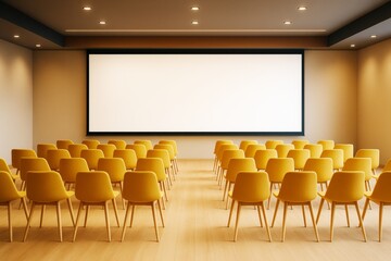 Aufkleber - Modern conference room with yellow chairs facing a large blank screen in a clean, well-lit interior space. Perfect for branding or design mockup.