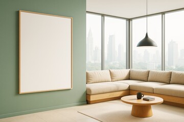 Aufkleber - Blank poster frame on green wall in modern bright living room with beige sofa, wooden coffee table, and large windows overlooking city skyline.