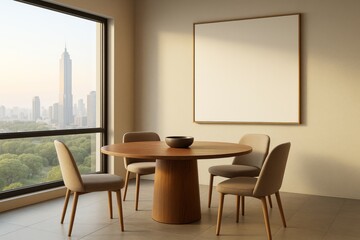 Poster - Modern minimalist dining room interior with round wooden table, four beige chairs, large blank frame on wall and city view through window.