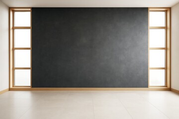 Poster - Empty minimalist room interior with black accent wall and wooden-framed windows on both sides in bright modern architectural space.