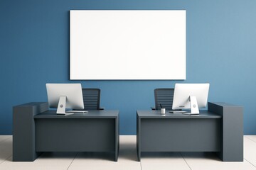 Poster - Modern office interior with dual desks and blank wall mockup for branding or presentation concept in a clean professional workspace template.