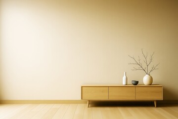 Poster - Minimalist light wooden cabinet with decorative vases on wooden floor against beige wall in modern empty room interior mockup background template.