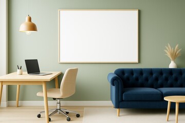 Poster - Contemporary interior room with green wall, blank frame, blue sofa, wooden desk, and soft lighting for branding or design mockup concept.