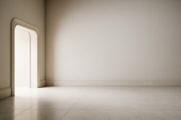 Poster - Minimalist empty modern room with soft natural light entering through arched doorway, clean tiled floor and beige walls for interior mockup template.
