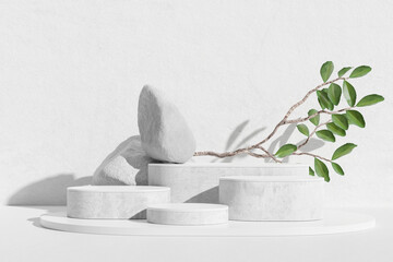 Fototapete - 3d Rendering. Minimalist White Podium Display with Natural Green Leaf Branch and Stones.