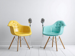 Poster - Minimalistic podcast studio with two mid-century modern armchairs yellow, turquoise and microphones Light wood flooring, light gray walls, white acoustic panel Reflection on mirror - AI-Generated