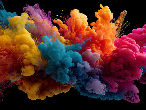 High-resolution, 3D rendered abstract watercolor splash on a black background Vibrant colors red, yellow, blue, green Artistic, detailed, clean, sharp focus Suitable for advertiseme - AI-Generated