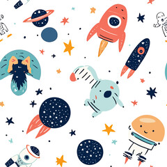 Poster - Seamless hand drawn space pattern with cute dog astronaut, rockets, planets, stars, and cosmic elements in flat minimalist vector style for kids fabric or wallpaper
