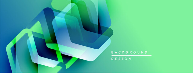 Poster - Abstract geometric shapes overlap, creating vibrant blue, green gradients. Modern design suggests technology, innovation, depth.