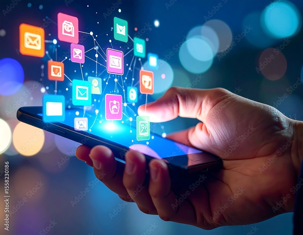 Hand using a phone with app icons