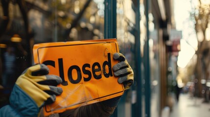 Poster - Small business owner with gloves flipping sign to 