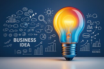 Poster - Bright light bulb symbolizing a business idea on dark blue background with abstract charts, graphs, and icons in creative design style.