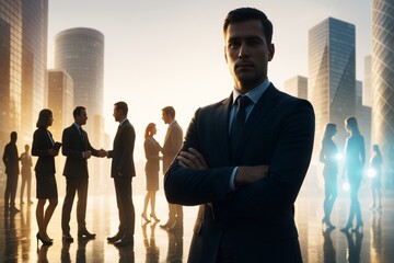 Poster - Confident businessman in suit stands in foreground with arms crossed, teams interacting in business district under soft morning light background.