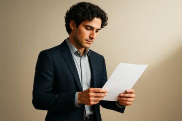 Poster - Businessman reading document with focused expression in formal attire, beige background, corporate concept of decision-making and planning.