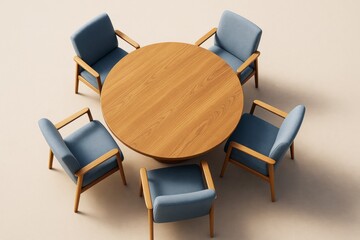 Poster - Minimalist wooden round table with five blue cushioned chairs in modern business setting on light beige background, top view concept image..
