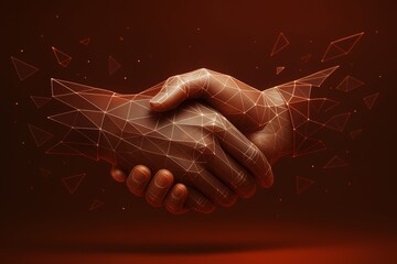 Aufkleber - Digital handshake symbolizing modern business collaboration and technology integration with polygonal network design on dark background.