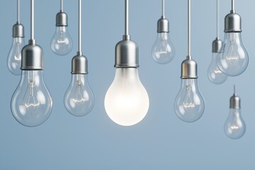 Poster - Hanging light bulbs with one illuminated in the center on a soft blue background representing innovation and creativity in business concepts.