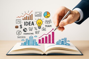 Poster - Business strategy concept with hand drawing marketing icons, bar charts, and idea elements over open book on light background. Ai generative.