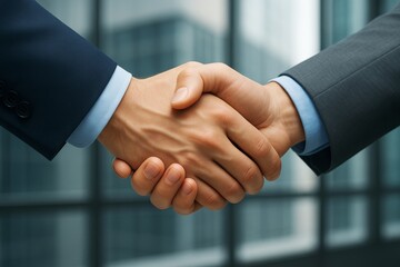 Poster - Professional handshake between two businessmen in suits, symbolizing partnership and trust in corporate environment with modern background.
