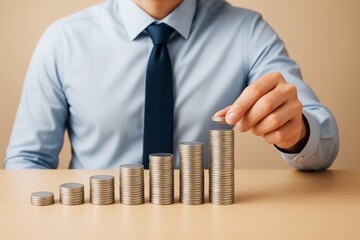 Poster - Businessman stacking coins in increasing columns symbolizing financial growth and investment strategy on light brown background in business concept image.