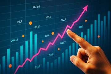 Poster - Hand pointing at growing financial chart with pink arrow on dark background, symbolizing business success and data analysis concept.