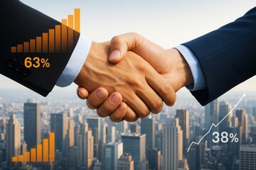 Poster - Business handshake over city background with growth percentage graphics and light abstract elements symbolizing partnership and financial success.