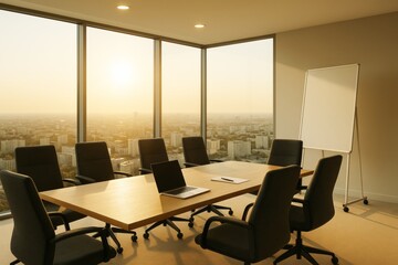 Poster - Modern business meeting room with cityscape background and warm sunlight through large windows during sunset, empty chairs around wooden table.