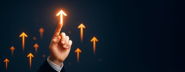 Poster - Business hand touching glowing upward arrow on dark background symbolizing growth, success or improvement with copyspace for promotion or banner.
