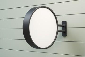 Aufkleber - Blank round wall sign mockup with black frame mounted on light green wooden siding background for business branding or advertising concept.