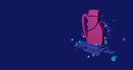 Fototapete - Pink travel backpack symbol on a pedestal of abstract geometric shapes floating in the air. Abstract concept art with flying shapes on the right. 3d illustration on indigo background