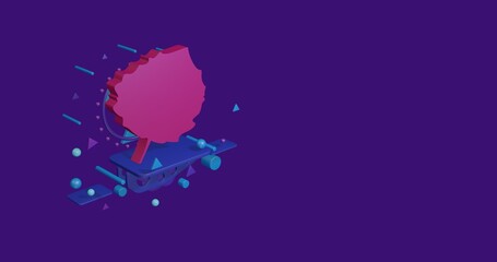 Fototapete - Pink aspen leaf on a pedestal of abstract geometric shapes floating in the air. Abstract concept art with flying shapes on the left. 3d illustration on deep purple background