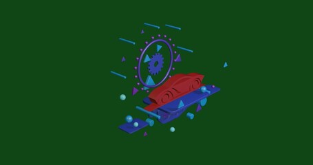 Fototapete - Red future car symbol on a pedestal of abstract geometric shapes floating in the air. Abstract concept art with flying shapes in the center. 3d illustration on green background
