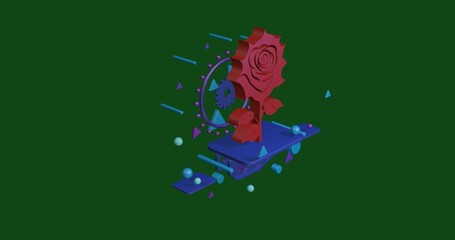 Fototapete - Red rose flower on a pedestal of abstract geometric shapes floating in the air. Abstract concept art with flying shapes in the center. 3d illustration on green background
