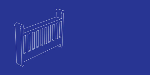 Poster - The outline of a large baby cot symbol made of white lines on the left. 3D view of the object in perspective. Vector illustration on indigo background