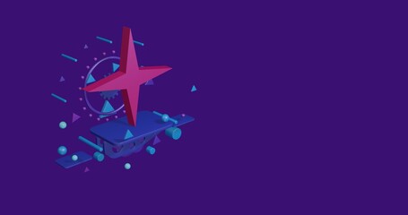 Fototapete - Pink star symbol on a pedestal of abstract geometric shapes floating in the air. Abstract concept art with flying shapes on the left. 3d illustration on deep purple background