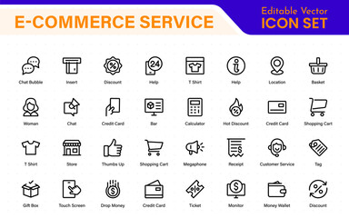 Poster - E-Commerce set of web icons in line style. Online shopping icons for web and mobile app. Business, mobile shop, digital marketing, bank card, gifts, sale, delivery. Vector illustration