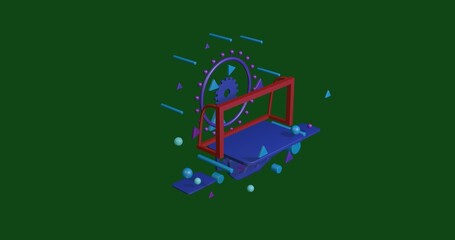 Fototapete - Red football goal symbol on a pedestal of abstract geometric shapes floating in the air. Abstract concept art with flying shapes in the center. 3d illustration on green background