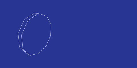 Poster - The outline of a large decagon symbol made of white lines on the left. 3D view of the object in perspective. Vector illustration on indigo background
