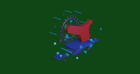 Fototapete - Red angle grinder symbol on a pedestal of abstract geometric shapes floating in the air. Abstract concept art with flying shapes in the center. 3d illustration on green background