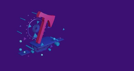 Fototapete - Pink axe symbol on a pedestal of abstract geometric shapes floating in the air. Abstract concept art with flying shapes on the left. 3d illustration on deep purple background