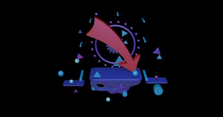 Fototapete - Red down arrow on a pedestal of abstract geometric shapes floating in the air. Abstract concept art with flying shapes in the center. 3d illustration on black background