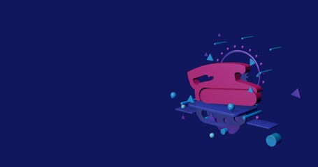 Fototapete - Pink sanding symbol on a pedestal of abstract geometric shapes floating in the air. Abstract concept art with flying shapes on the right. 3d illustration on indigo background