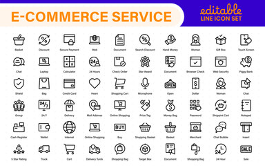 Poster - E-Commerce set of web icons in line style. Online shopping icons for web and mobile app. Business, mobile shop, digital marketing, bank card, gifts, sale, delivery. Vector illustration